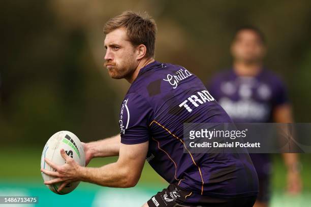 Cameron Munster of the Storm in action during a Melbourne Storm NRL training session at Moorabbin Oval on May 01, 2023 in Melbourne, Australia.