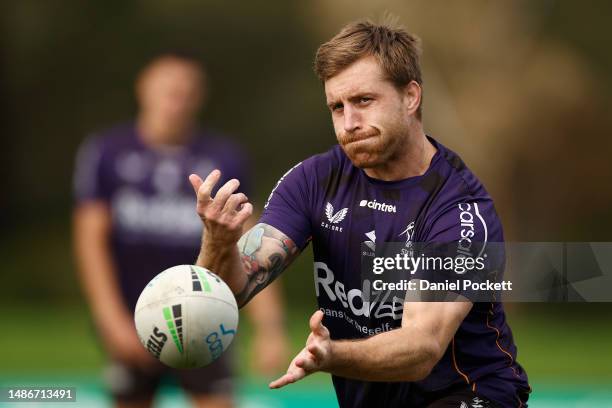 Cameron Munster of the Storm in action during a Melbourne Storm NRL training session at Moorabbin Oval on May 01, 2023 in Melbourne, Australia.