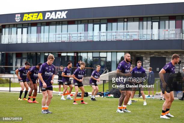 Storm players warm up during a Melbourne Storm NRL training session at Moorabbin Oval on May 01, 2023 in Melbourne, Australia.