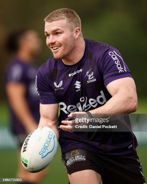 Josh King of the Storm in action during a Melbourne Storm NRL training session at Moorabbin Oval on May 01, 2023 in Melbourne, Australia.