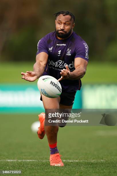 Justin Olam of the Storm in action during a Melbourne Storm NRL training session at Moorabbin Oval on May 01, 2023 in Melbourne, Australia.