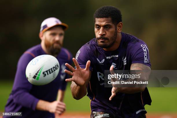 Tui Kamikamica of the Storm in action during a Melbourne Storm NRL training session at Moorabbin Oval on May 01, 2023 in Melbourne, Australia.