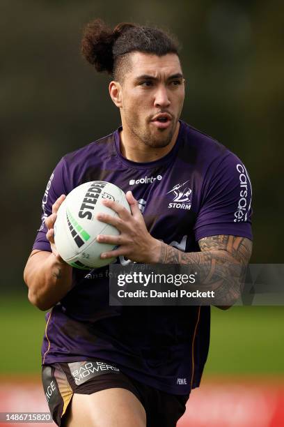 Aaron Pene of the Storm in action during a Melbourne Storm NRL training session at Moorabbin Oval on May 01, 2023 in Melbourne, Australia.
