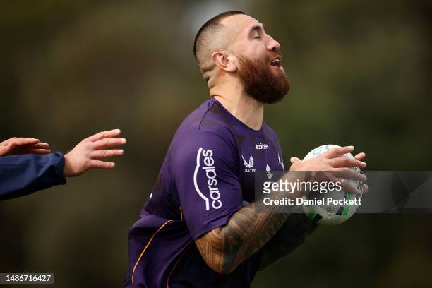 Nelson Asofa-Solomona of the Storm in action during a Melbourne Storm NRL training session at Moorabbin Oval on May 01, 2023 in Melbourne, Australia.