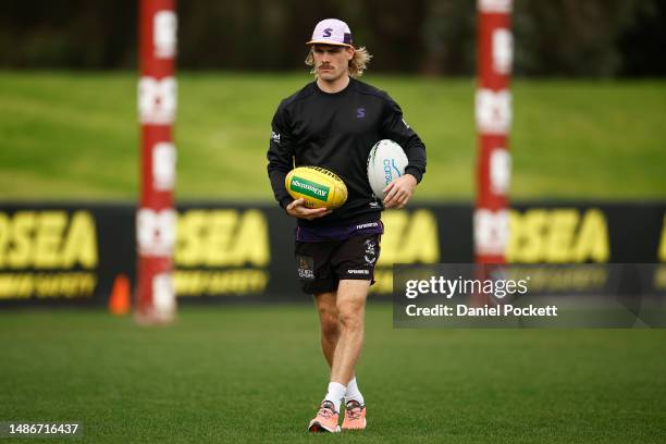 Ryan Papenhuyzen of the Storm looks on during a Melbourne Storm NRL training session at Moorabbin Oval on May 01, 2023 in Melbourne, Australia.