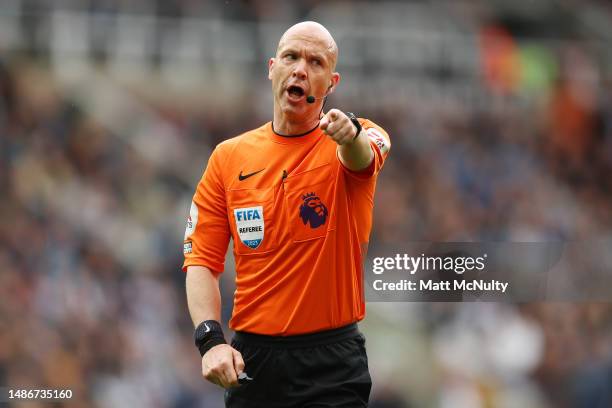 Referee Anthony Taylor reacts during the Premier League match between Newcastle United and Southampton FC at St. James Park on April 30, 2023 in...