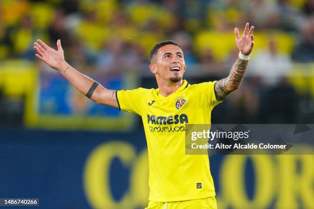 Yeremi Pino of Villareal FC looks on during the LaLiga Santander match between Villarreal CF and RCD Espanyol at Estadio de la Ceramica on April 27,...