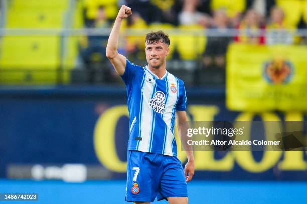 Javier Puado of RCD Espanyol celebrates after scoring the team's first goal during the LaLiga Santander match between Villarreal CF and RCD Espanyol...