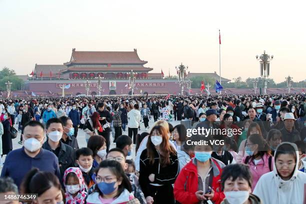 Tourists visit Tian'anmen Square during the May Day holiday on May 1, 2023 in Beijing, China.