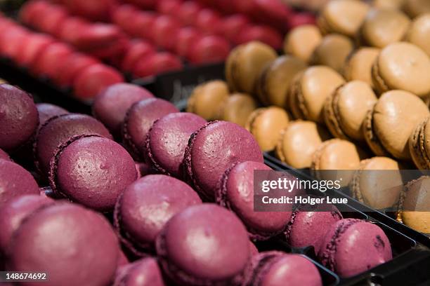 mure-myrtille macaron cookies for sale at maison larnicol chocolatier biscuitier store. - macaron photos et images de collection
