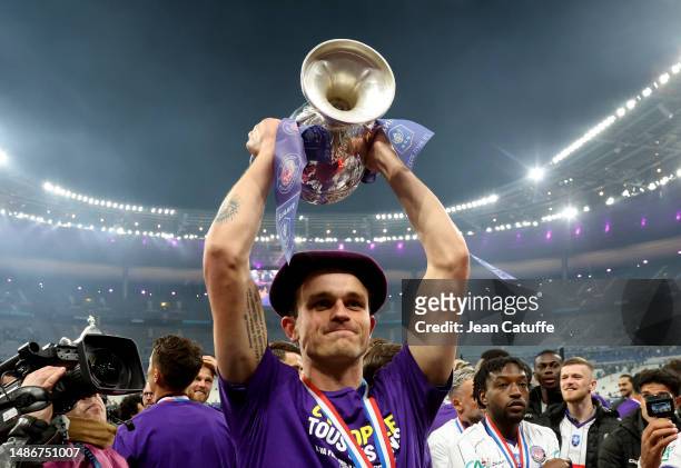 Rasmus Nicolaisen of Toulouse celebrates the victory following the French Cup final between FC Nantes and Toulouse FC at Stade de France on April 29,...