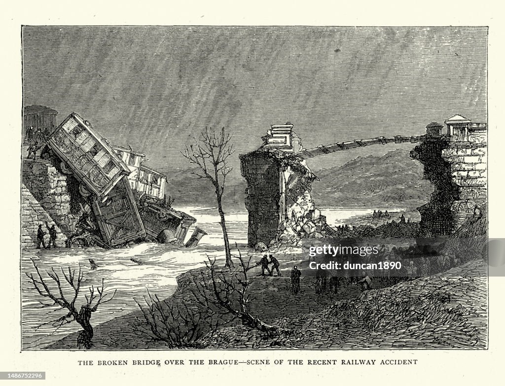 1872 Train Railway Accident Crashed Steam Train And Broken Bridge Over The Brague ...