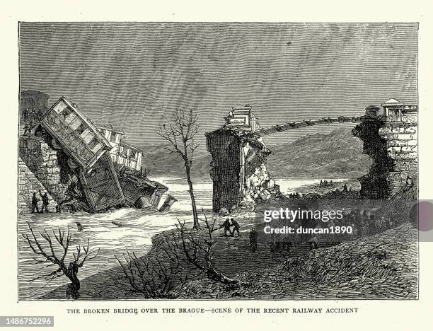 railway accident, crashed steam train and broken bridge over the brague river, france, 1872, 19th century railroad history - train accident stock illustrations