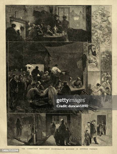 the communist refugees' co-operative kitchen in newman passage, fitzrovia, london, 1870s, 19th century british history - fitzrovia stock illustrations