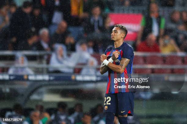 Raphael Dias Belloli 'Raphinha' of FC Barcelona celebrates after scoring the team's third goal during the LaLiga Santander match between FC Barcelona...