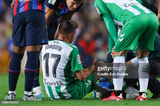 Joaquin Sanchez of Real Betis lies injured during the LaLiga Santander match between FC Barcelona and Real Betis at Spotify Camp Nou on April 29,...