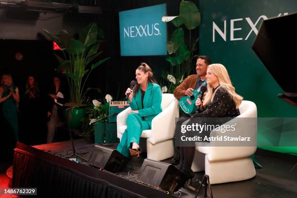Jessica Grigoriou, Tomás Delgado and Meghan Trainor speak onstage at Nexxus Partners with Meghan Trainor for Unbreakable Instrument Reveal at Public...