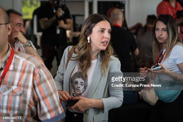 The Minister of Equality, Irene Montero, appears before the media before the march for International Workers' Day at the Circulo de Bellas Artes, on...