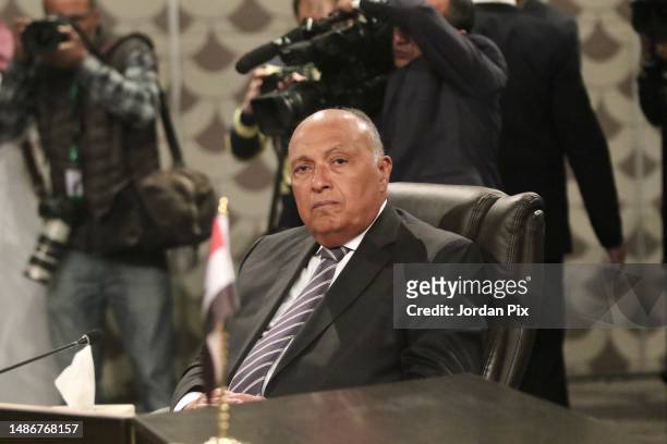 Egyptian counterpart Sameh Shoukry is welcomed by Jordanian foreign minister Ayman Al-Safadi on May 1, 2023 in Amman, Jordan. Arab foreign ministers...