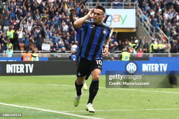 Lautaro Martinez of FC Internazionale celebrates after scoring the team's third goal during the Serie A match between FC Internazionale and SS Lazio...