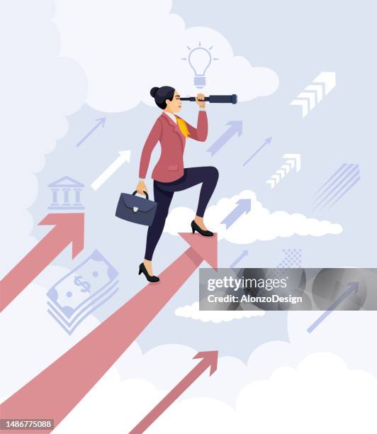 businesswoman standing on a red arrow and looking through a telescope. - legal discovery stock illustrations