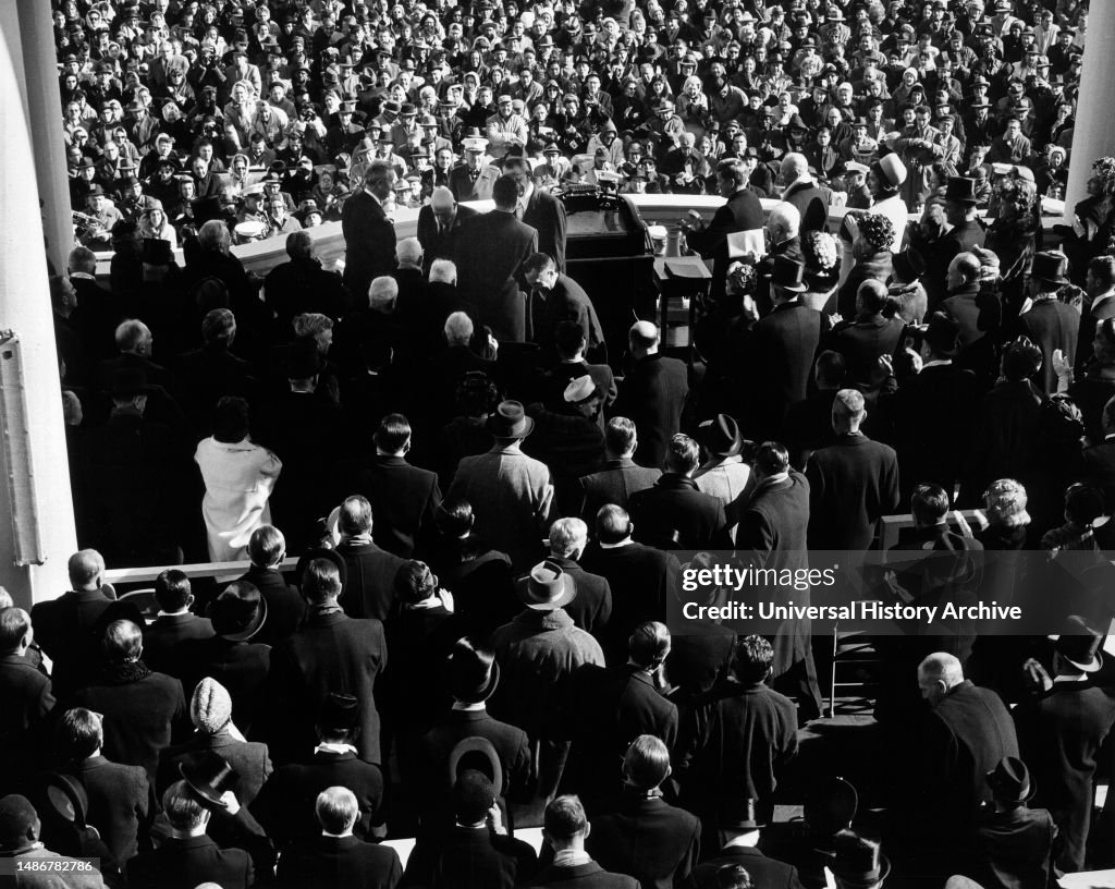 Inaugural Ceremony of U.S. President John F. Kennedy, surrounded by crowd, U.S. Capitol Building, Washington, D.C., USA, Architect of the Capitol, January 20, 1961