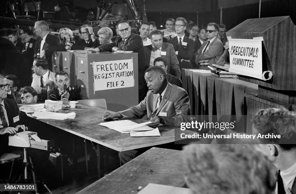 Aaron Henry, chair of Mississippi Freedom Democratic Party delegation, speaking before Credentials Committee, Democratic National Convention,...