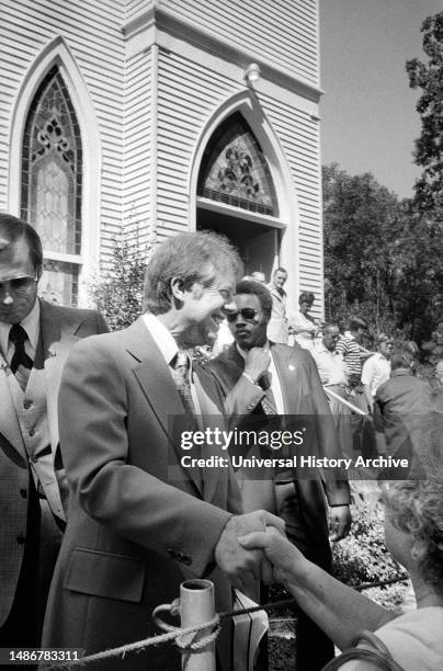 Democratic Presidential Nominee Jimmy Carter shaking hands after leaving Church, Jacksonville, Florida, USA, Thomas J. O'Halloran, U.S. News & World...