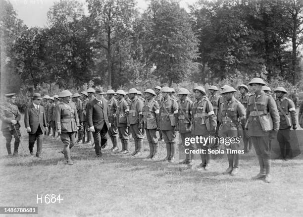 Prime Minister William Fergusson Massey and Joseph George Ward inspecting the Maori Pioneer Battalion, Bois-de-Warnimont, France, Prime Minister...