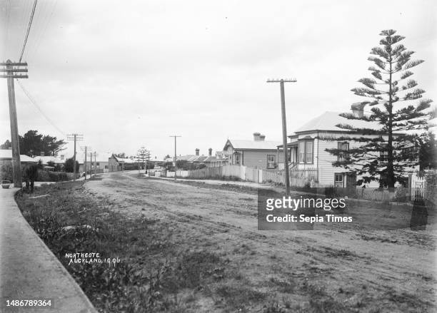 View of Queen Street, Northcote, Auckland, New Zealand, View of houses on both sides of Queen Street. The road is unsealed and lined with power...