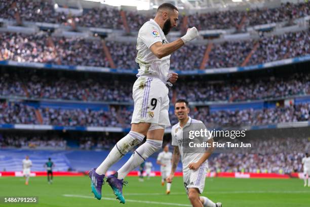 Karim Benzema of Real Madrid celebrates after scoring the team's first goa during the LaLiga Santander match between Real Madrid CF and UD Almeria at...