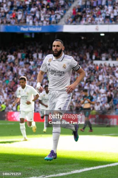 Karim Benzema of Real Madrid celebrates after scoring the team's first goa during the LaLiga Santander match between Real Madrid CF and UD Almeria at...