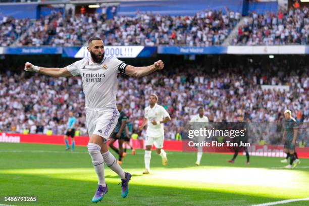 Karim Benzema of Real Madrid celebrates after scoring the team's first goa during the LaLiga Santander match between Real Madrid CF and UD Almeria at...