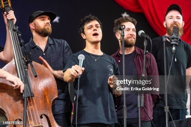 Jamie Cullum. Second from left, performs on Day Three of 2023 New Orleans Jazz & Heritage Festival at Fair Grounds Race Course on April 30, 2023 in...