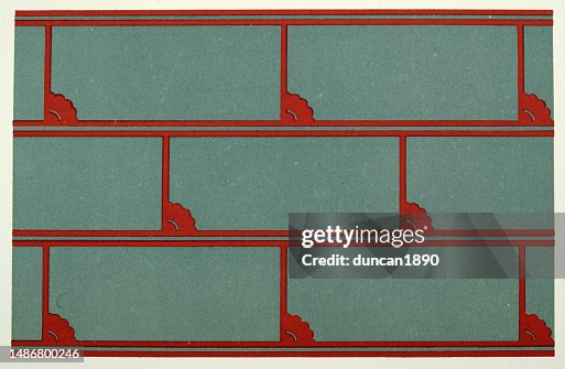 Repeating brick pattern, teal and red, Victorian Polychrome, Polychromatic decoration in medieval styles, History Decorative arts Repeating brick pattern, teal and red, Victorian Polychrome, Polychromatic decoration in medieval styles, History Decorative arts