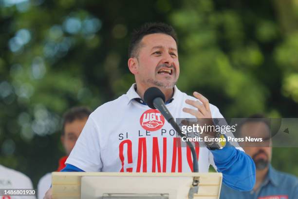 The secretary general of UGT Asturias, Javier Fernandez Lanero, speaks during a meeting of the UGT and CCOO unions for Workers' Day after the end of...