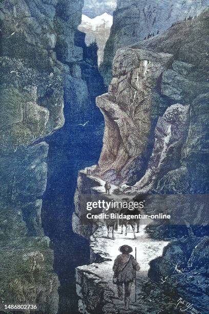 People on the alpine pass Gemmi around 1869, Petersgrat, Gemmipass, a mountain pass in Switzerland, Historical, digitally restored reproduction of an...