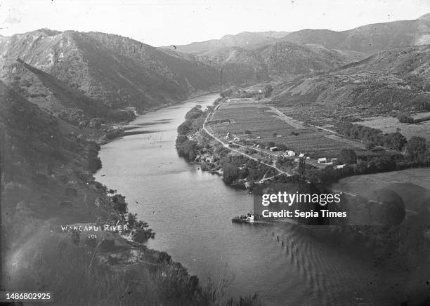 Looking down on the Whanganui River and the town of Kaiwhaiki, Looking down upon the Whanganui River and the town of Kaiwhaiki, circa 1910. Shows a...