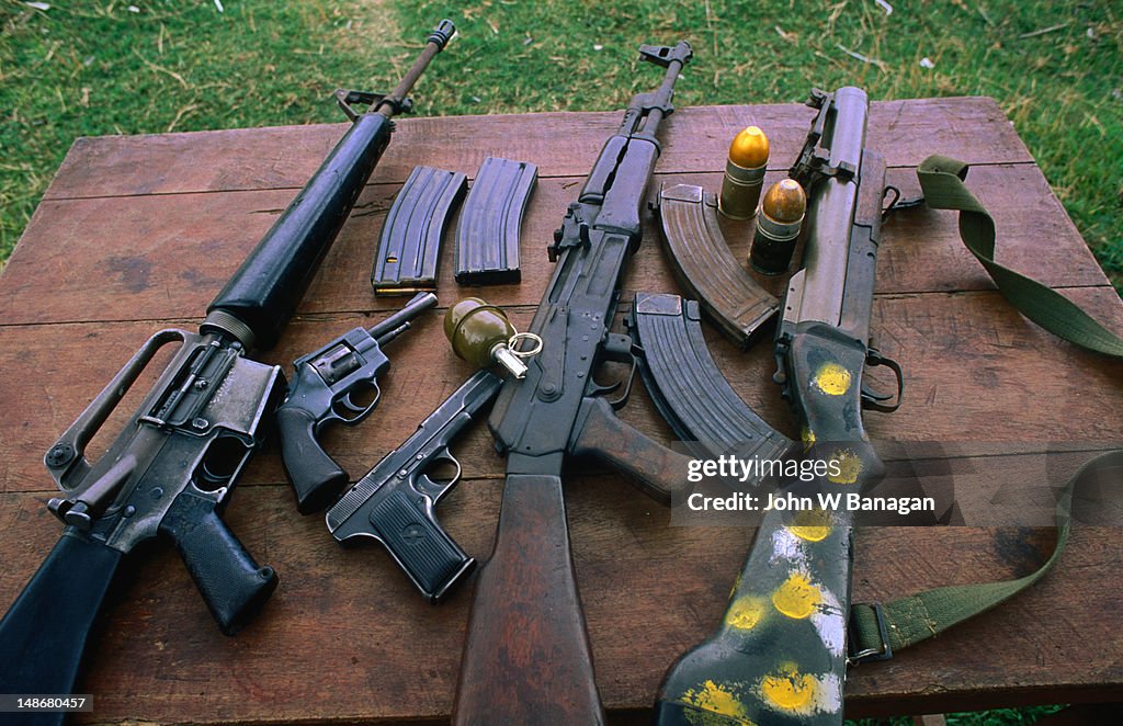 Typical military hardware still in circulation throughout Cambodia. These guns are available for hire at a local firing range.