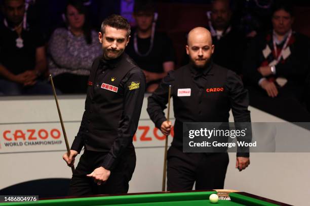 Mark Selby of England looks on during their Final match against Luca Brecel of Belgium on Day Sixteen of the Cazoo World Snooker Championship 2023 at...