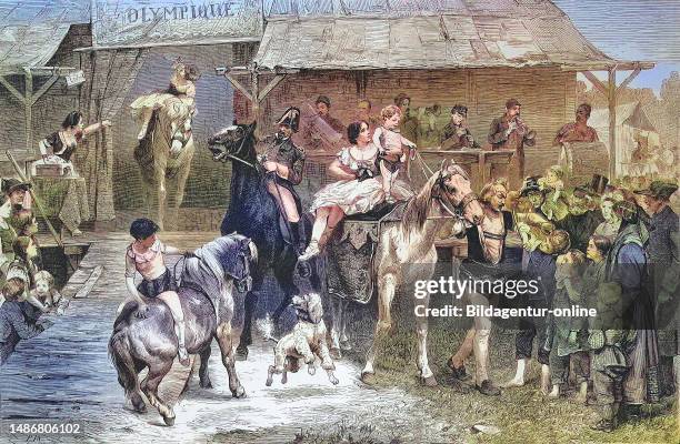 Parade in front of circus, horses and acrobats amuse children and adults Paris, France, Historical, digitally restored reproduction of an original...