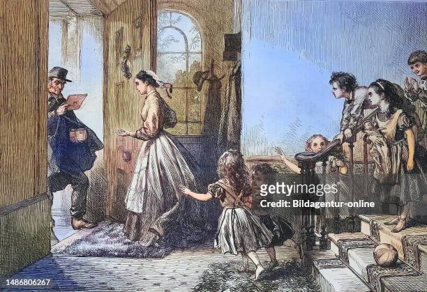 The arrival of the letter carrier at the castle, the family impatiently awaits a letter France, Historical, digitally restored reproduction of an...