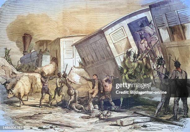 Sioux Indians raid a train on the Pacific Railroad line in the western United States America, Historical, digitally restored reproduction of an...