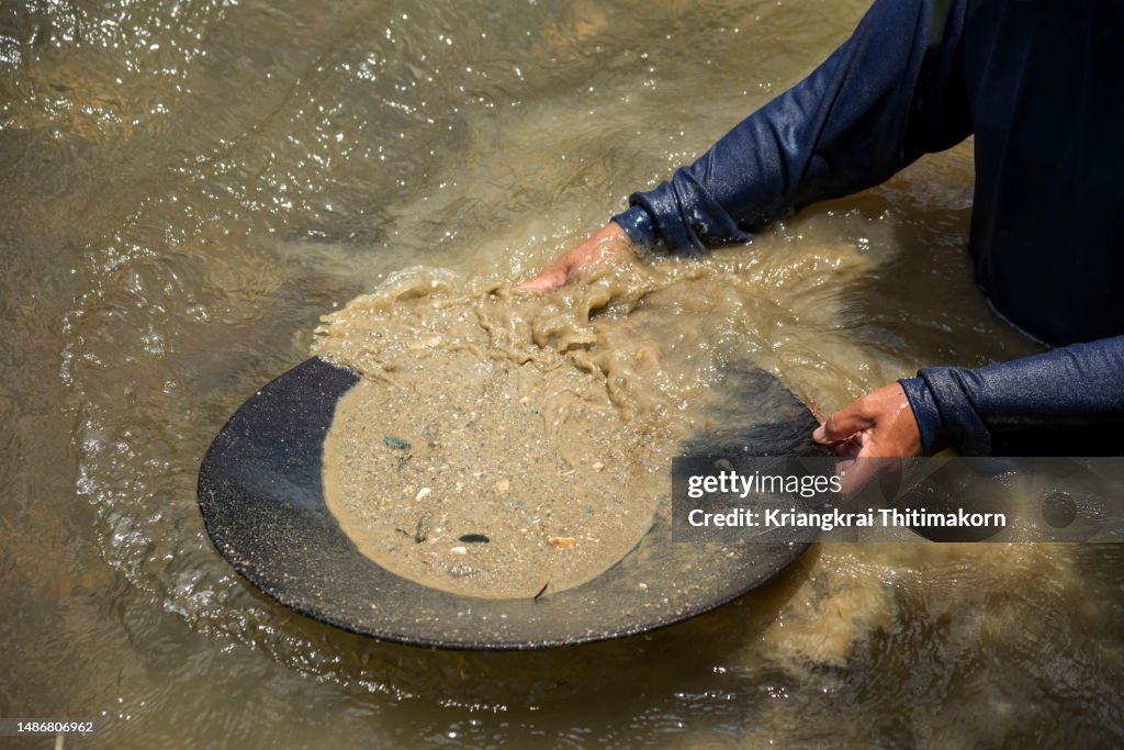 Searching for gold using gold panning technique.