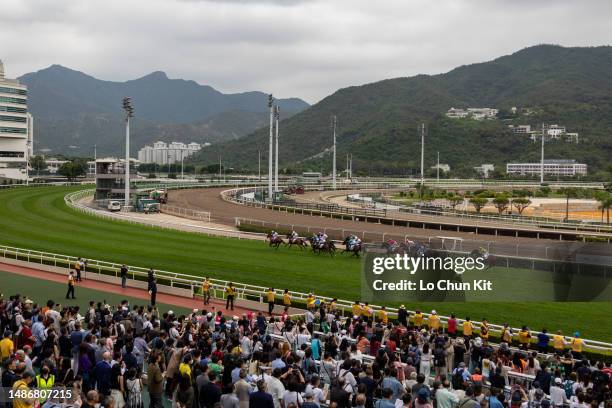 Jockeys compete in the Race 1 FWD Insurance Goahead Group Handicap during the FWD Champions Day at Sha Tin Racecourse on April 30, 2023 in Hong Kong.