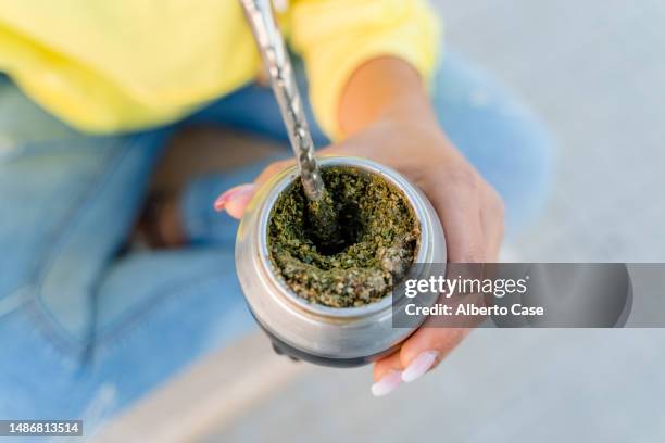 unrecognizable woman preparing a mate infusion - yerba mate fotografías e imágenes de stock