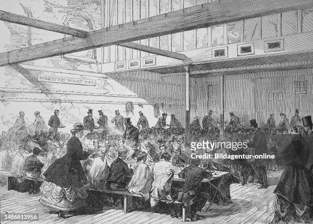 Banquet for poor children in St. Giles parish, London England, Historical, digitally restored reproduction of an original artwork from the 19th...