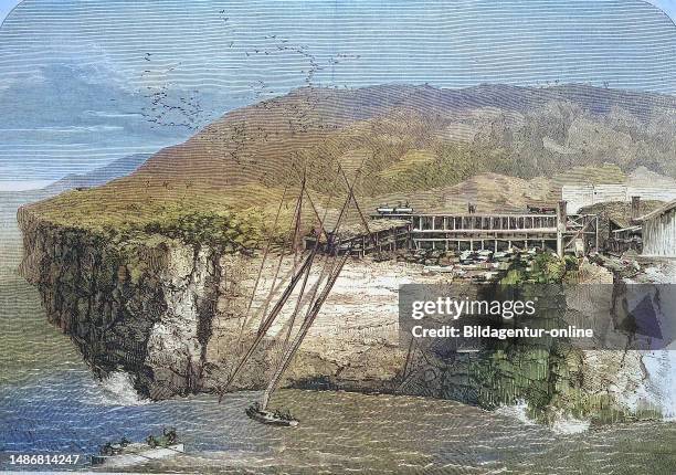 Mining of guano on Navassa Island uninhabited island in the Caribbean Sea, Greater Antilles, Historical, digitally restored reproduction of an...