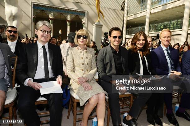 Andrew Bolton, Anna Wintour, Roger Federer, Carla Bruni and Roger Lynch attend the press conference for the 2023 Met Gala celebrating "Karl...