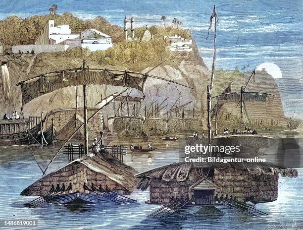Cargo ships, cotton, convoy with cotton cargo going down the Ganges India, Historical, digitally restored reproduction of an original artwork from...